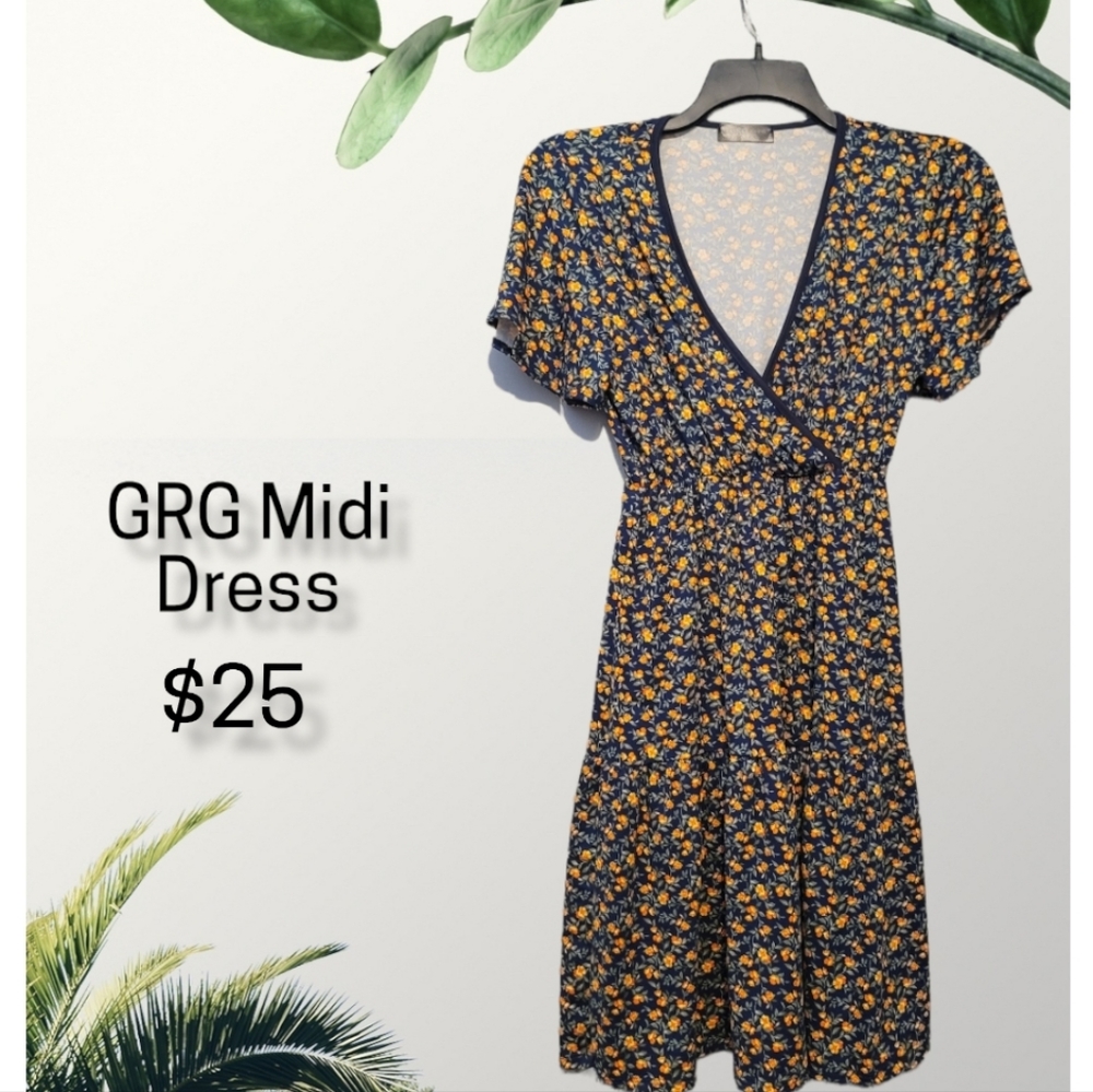 Navy & Orange Floral Surplice Tiered Midi Dress